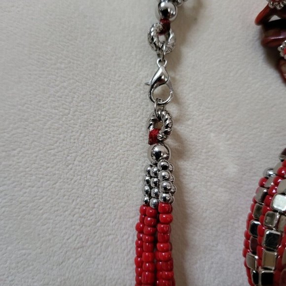 Red Silver Beaded Shell Multi Strand Necklace 3 PC Set - Picture 5 of 6